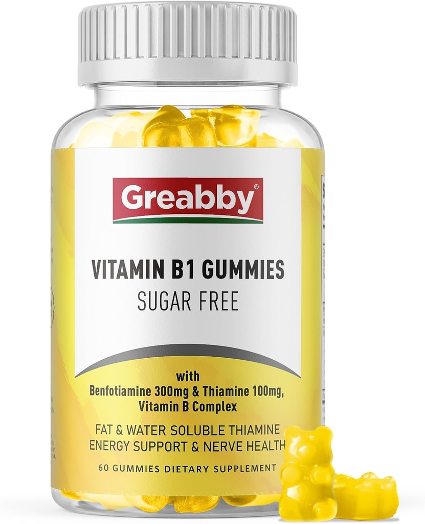 Vitamin B1 Gummies - Benfotiamin 300mg & Thiamin 100mg, sukkerfri, vitamin B kompleks Chewable Supplement, energiforsterkning og nervesystem helse for kvinner, 60 gummier