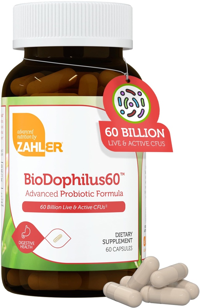 Zahler BioDofilus60, 60 milliarder CFU Probiotic + Prebiotic - 11 Strains Daily Probiotic Supplement - Kosher Probiotika for kvinner for digestiv helse, probiotika for menn for Gut helse (60 kapsler)