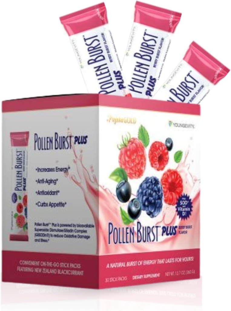 Youngevity Projoba Pollen Burst Plus Berry – naturlig energidrikk med blomst pollen, vitaminer og antioksidanter – støtter allsidig energi og total velvære – 30 pakker