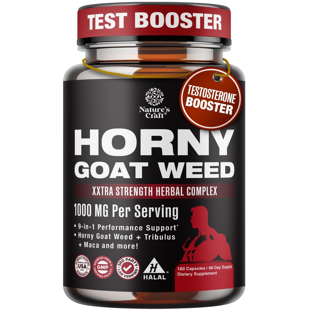 Horny Goat Weed for menn - Extra styrke Mann Supplement med svart Maca Root, Tongkat Ali, så Palmetto & Panax Ginseng Ekstrakt for Stamina & Energi - 180 kapsler