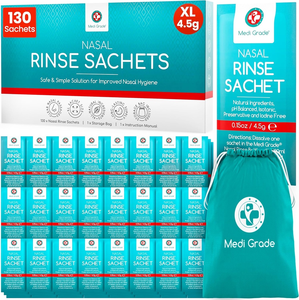 Medi Grade Sinus Rinse Packets – Nasal Rinse Essentials Kit av 130 x Salt Packets og Beleilig Oppbevaringspose - Nyt intens Nasal Irrigation hjemme eller på farten med våre Neti Pot Salt Packets