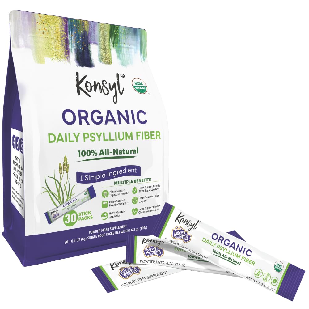 Konsyl Organic Daily Psyllium Fiber Stick Packs - On-The-Go Fiber Supplement pulver - Beleilig, All-Naturlig Oppløselig Fiber, Glutenfri & Sukker-fri, Vegan & Keto - 30 Pakninger