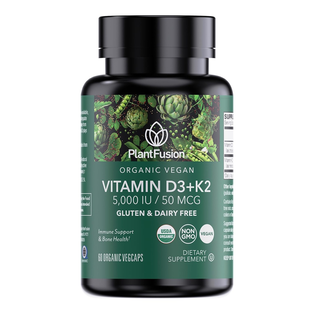 PlantFusion Økologisk Vegansk Vitamin D3 + K2 5000 IU, 50MCG – Vitamin D Opprinnelig fra Plant Basert Lichen og vitamin K2, for immunstøtte og bein helse - 60 Kapsler