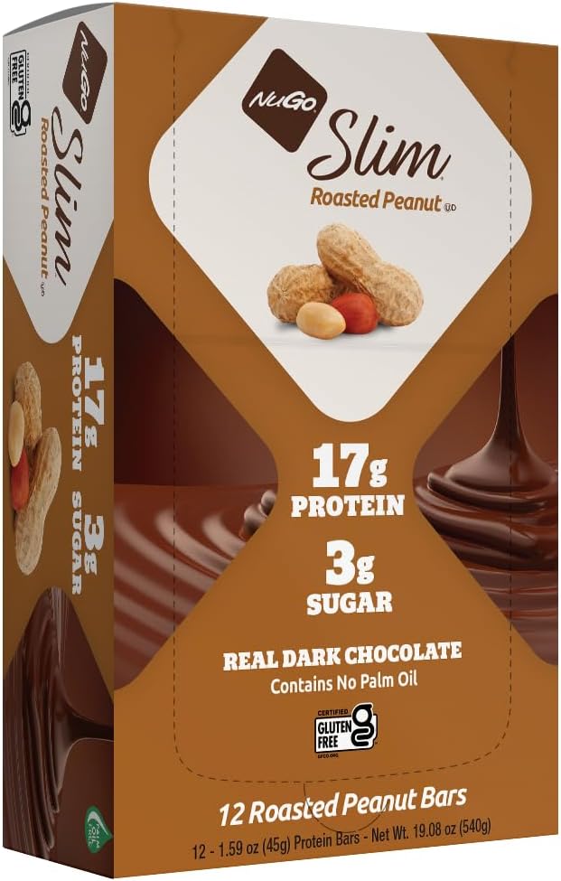 NuGo Slim Mørk Sjokolade Roasted Peanut, 16g Protein, 2g Sukker, 7g Fiber, Lav Netto Carb, Keto vennlig, Glutenfri, 12 Count