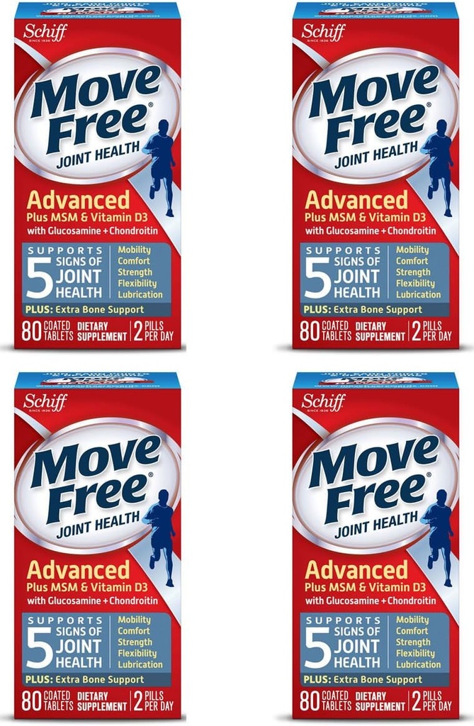Flytt Gratis Advanced Plus MSM og vitamin D3, 80 tabletter - Felles helsetilskudd med glukosamin og Chondroitin (pakke med 4)