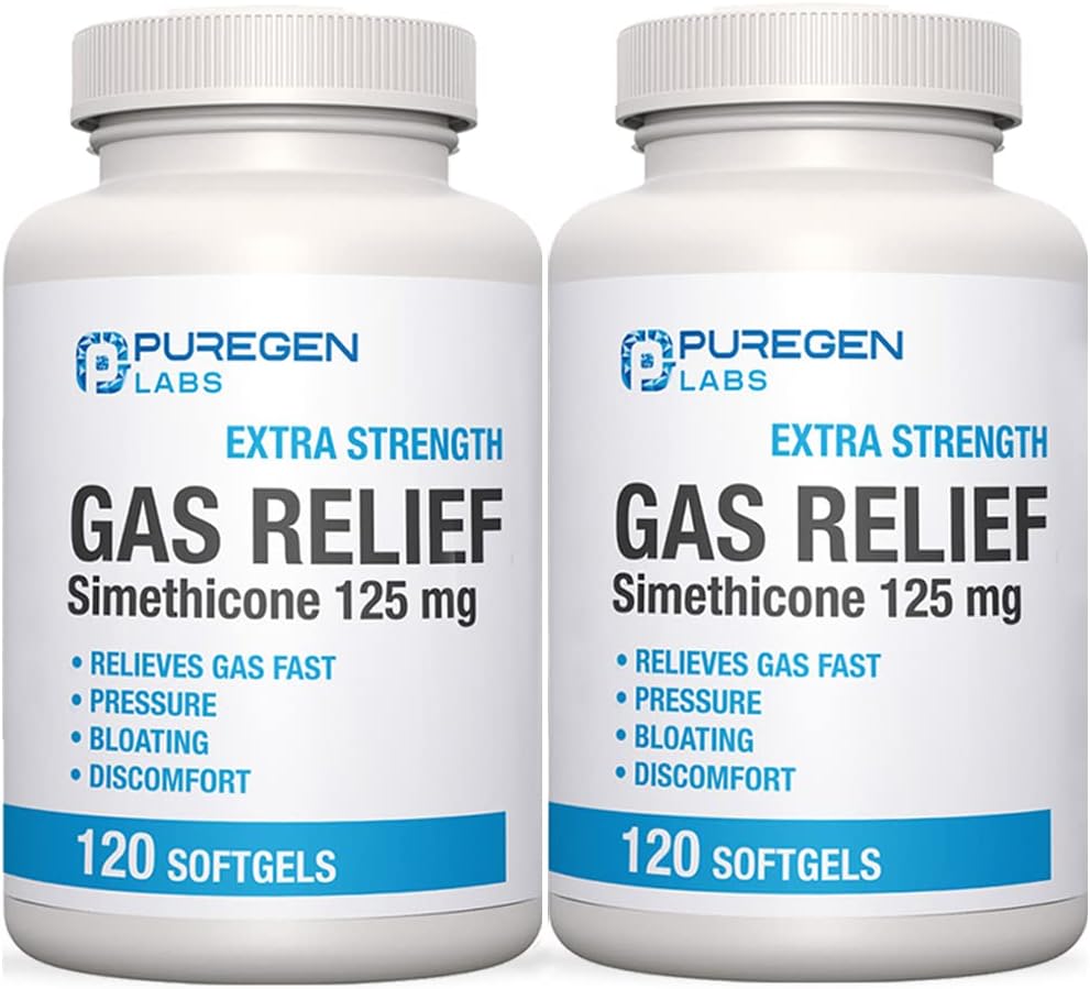 P Puregen Labs Extra Styrke Gass Relief Softgels med Simeticone 125 mg | Rask lindring av trykk, bloating og smertefull Discomfort – 2 Pakke | Totalt 240 Softgels