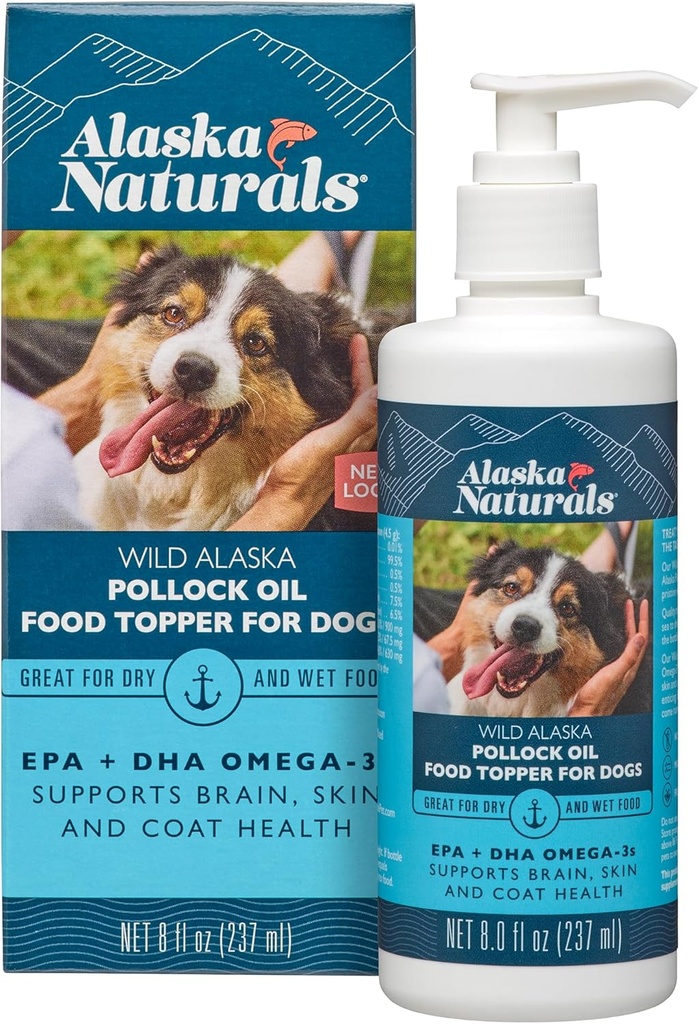 Bærekraftig Wild Alaskan Fish Oil for hunder Hud og Coat - EPA + DHA Omega 3 olje - Fatty Acids Hunde Supplements - støtte Fur Coat og hjernens helse - naturlig flytende mat topper for kjæledyr - 8 oz. Pump