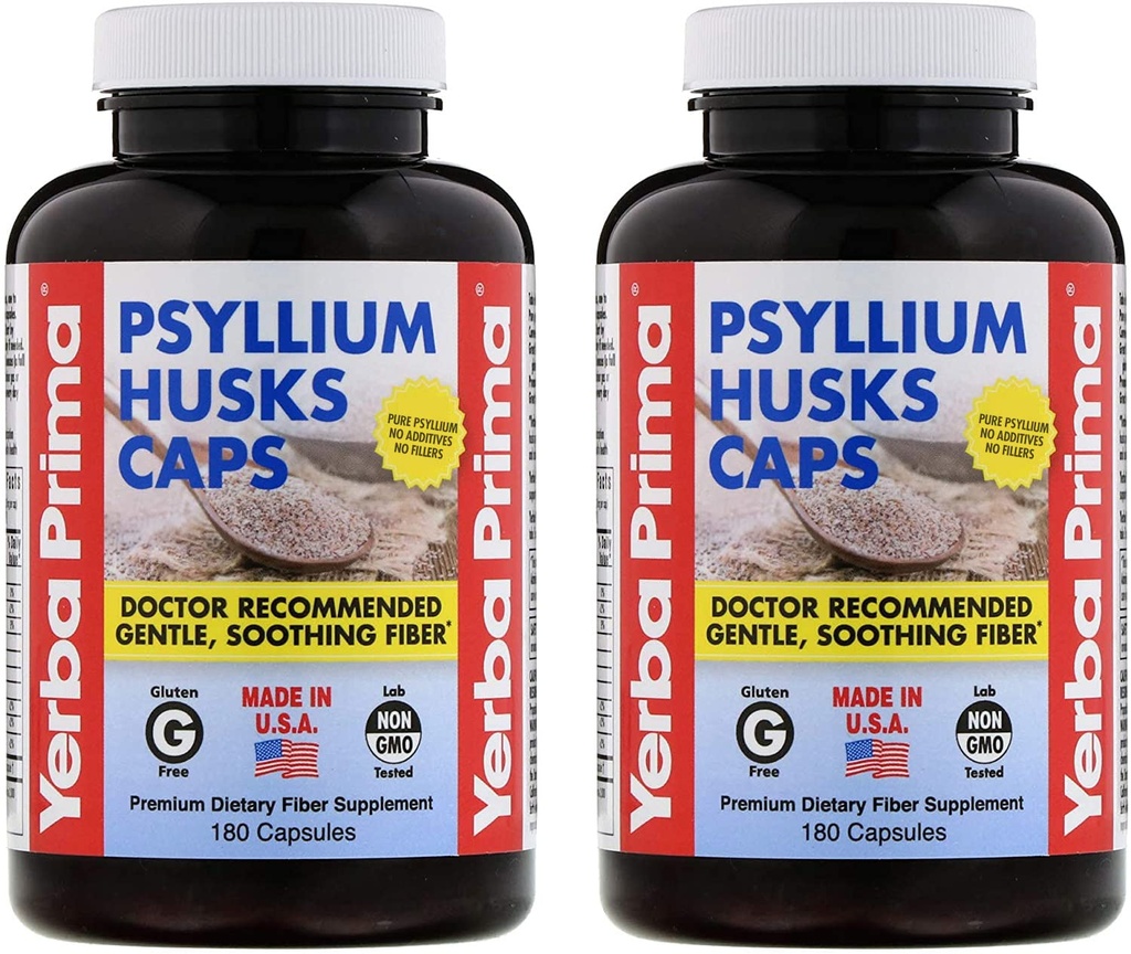 Yerba Prima Psyllium Huss Caps 180 caps (Pack of 2) - Naturlig fiber Supplement og Colon Cleanse - Gut Health - Ikke-GMO Glutenfri