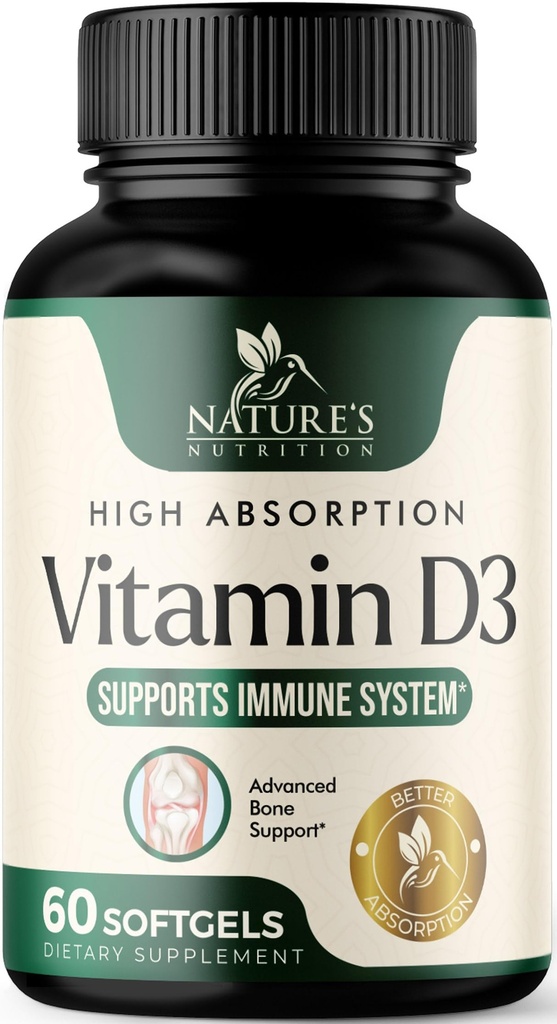 Vitamin D3 Supplement 5000IU (125mg) - Ekstra styrke Vitaminer D-3 Diett Softgels for bein, tenner, muskel helse og immun støtte, rask absorbasjon Mini D Softgel, ikke-GMO, Glutenfri - 60 greve