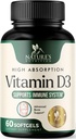 Vitamin D3 Supplement 5000IU (125mg) - Ekstra styrke Vitaminer D-3 Diett Softgels for bein, tenner, muskel helse og immun støtte, rask absorbasjon Mini D Softgel, ikke-GMO, Glutenfri - 60 greve