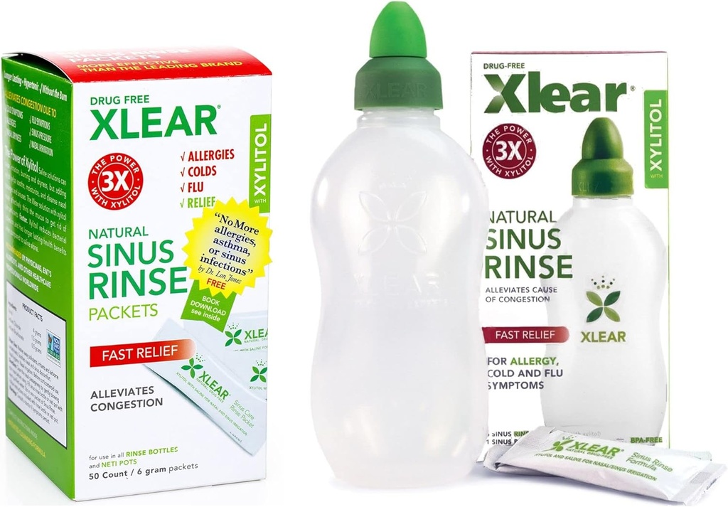 Xlear Natural Xylitol Sinus Rinse Refill, Neti Pot Saline Packets - Nese Cleaner for raskt trykk og kongesjon Relief, fungerer med de fleste nasal irrigasjonssystemer, 50 teller og 1 rensflaske