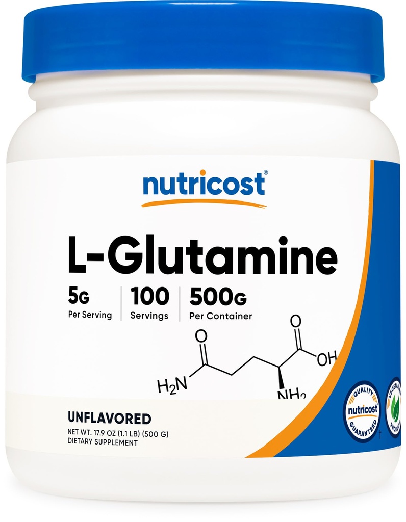 Nutricost L-Glutamine pulver (500 gram) Uslavored - Glutenfri og ikke-GMO, 100 Services