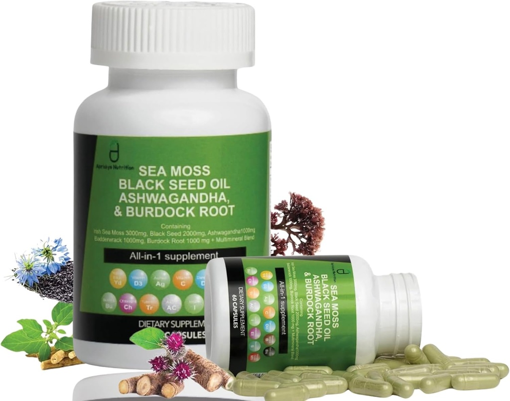 Sea Moss Capsules - 60 Capsules Seamoss Black Seed Oil Ashwagandha Burdock Root Supplement, Irish Sea Moss Supplement med vitamin C D3 Manuka & Dandelion, Multi Minerals Supplement