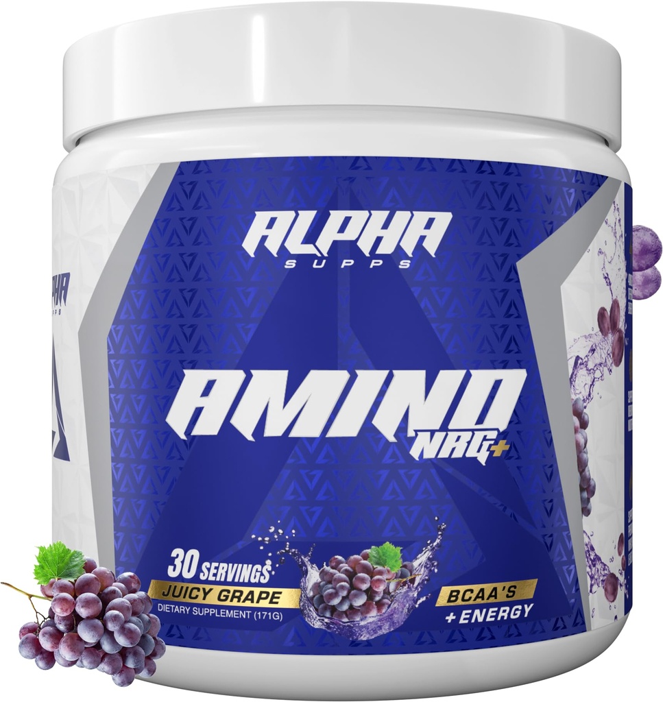 Alpha Supps Amino NRG+ BCAA Amino energigjenvinning pulver - Hydration blanding med elektrolytter - Fokus blanding for optimal ytelse støtte i menn og kvinner (30 Serveringer, Juicy Grape)