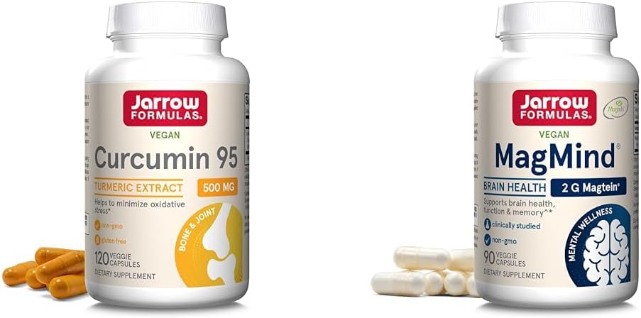 Jarrow Formulas Curcumin 95 500mg - Opp til 120 Serveringer (Veggie Caps) - Turmeric Curcumin Extract & MagMind Brain Helse Med Magtein (Magnesium L-Treonate), Diett Supplement