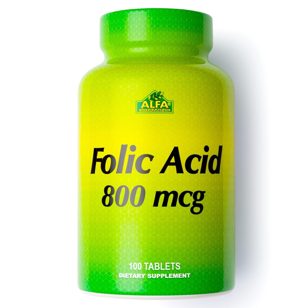 ALFA VITAMINER Folinsyre 800 mikrog Prenatal Supplement, støtter kardiovaskulær helse, Kropp og hjerne funksjoner, rød blodcelleformasjon og sunn Fetal utvikling, kosttilskudd, 100 tabletter