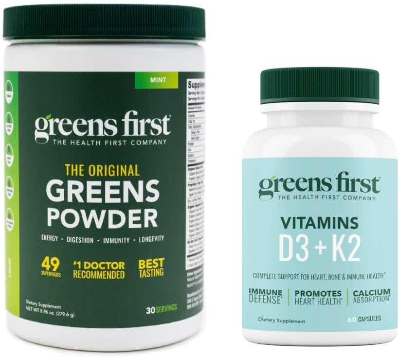Grønn først - Mint - 30 Serveringer - Grønn pulver Superfood, 49 Superfoods, 15+ organisk frukt og grønnsaker, mykfri, vegansk og ikke-GMO - 9,86 oz og D3+K2 vitaminer, 60 grønnsaker kapsler