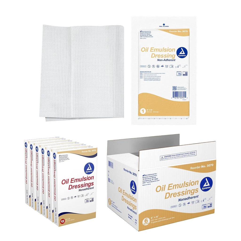 Dynarex Olje Emulsjonskjoler, sårpleie, Absorbent, 5\" x 9\" Sterile Knittet Gauze Dressing med emulsjonsblanding av petrolatum og solflowerolje, 6 bokser med 12 oljeemulsjonskjoler