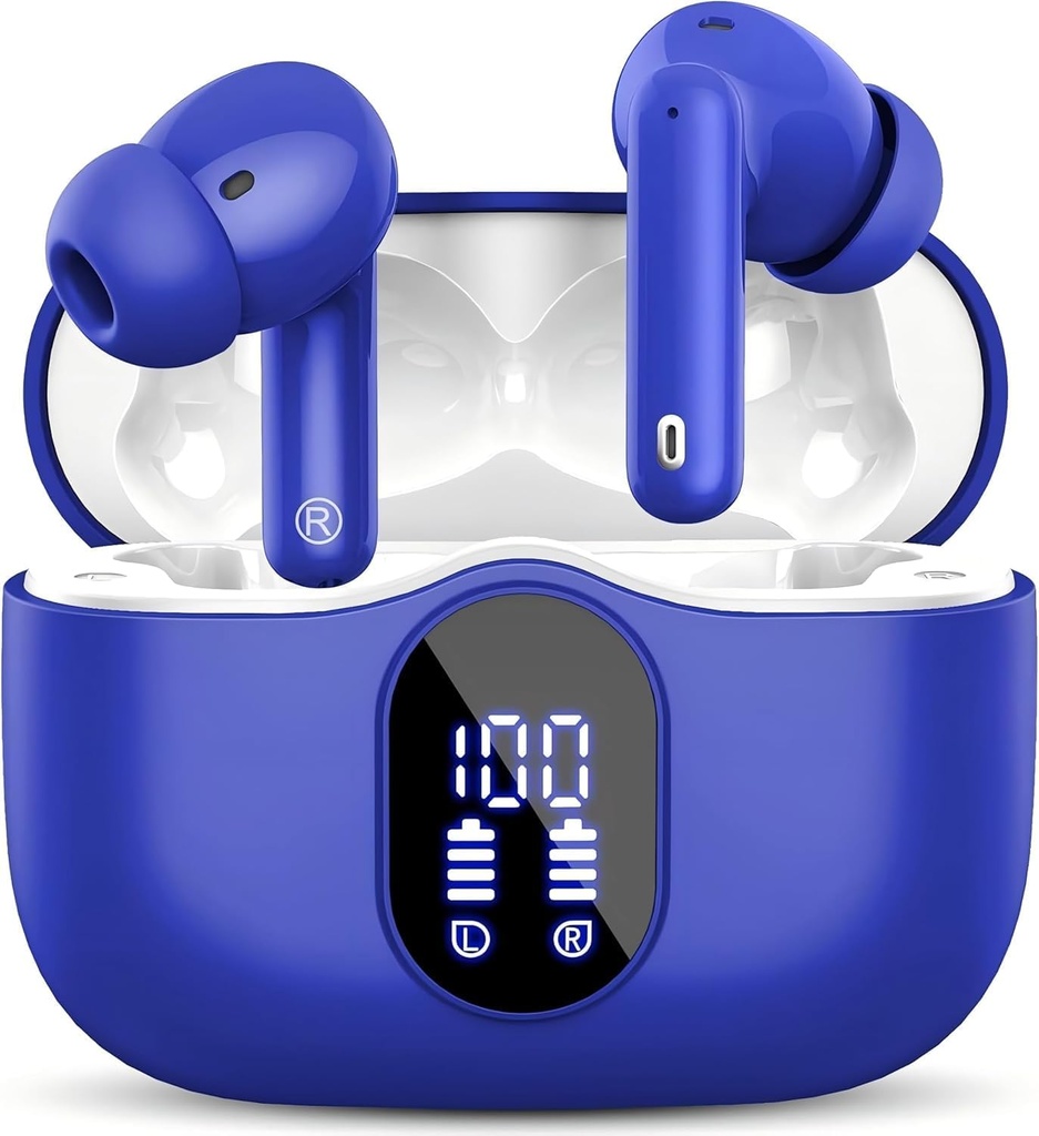Trådløs ørepropp Bluetooth 5.3 Hodetelefoner Bass Stereo ørepropper med støy som kansellerer Mic LED-skjerm i øret øretelefoner IP7 Vanntett 36H Spilletid for Laptop pad telefoner Sports trening Blå