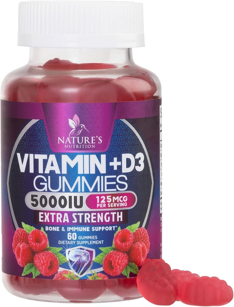 Vitamin D3 Supplement Gummy 5000 IU (125mg) Diett vitaminer D for menn og kvinner - Bein, tenner, muskel og immun helse støtte, høy styrke VIT D3 Naturens ikke-GMO & Glutenfri - 60 Gummies