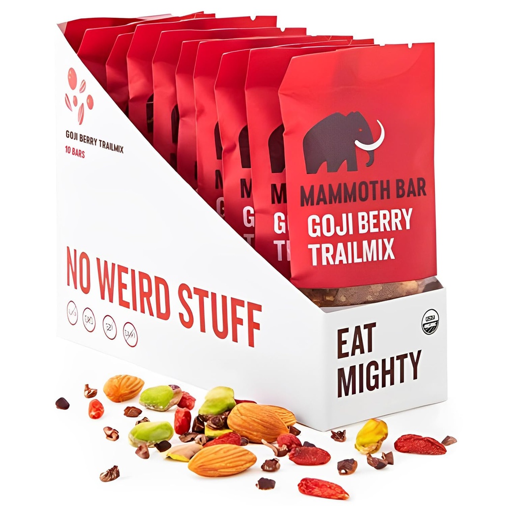 Mammoth Bar Goji Berry Trail Mix - 10 Organic Protein Bars - Prebiotiske • Paleo • Glutenfri • Eggprotein • GMO Gratis • Rå • Premium Nuts