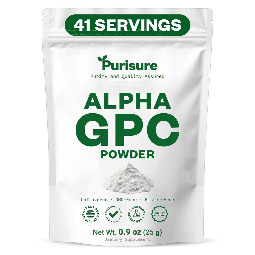 Purisure Alpha GPC pulver, 25 g, ren Alpha GPC Choline Supplement for hjerne og fokus, CDP Choline Kosttilskudd for minne ytelse og konsentrasjon, Ingen Fyllere, Ikke-GMO, tilbyr 42 Services
