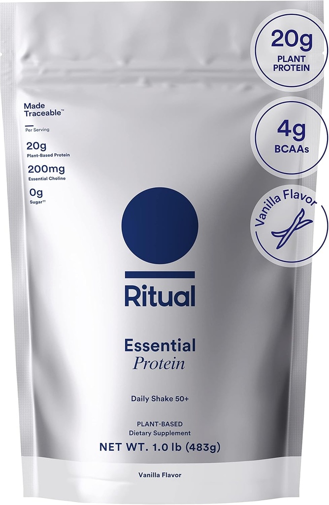 Rituell 50+ Vegansk proteinpulver med BCAA: 20g organiske eraprotein fra regenerative gårder i USA, plantebasert, håndtrakt vanilla, 3rd Party testet, Glutenfri, Dairy-Free, Ikke-GMO, 1 Lbs