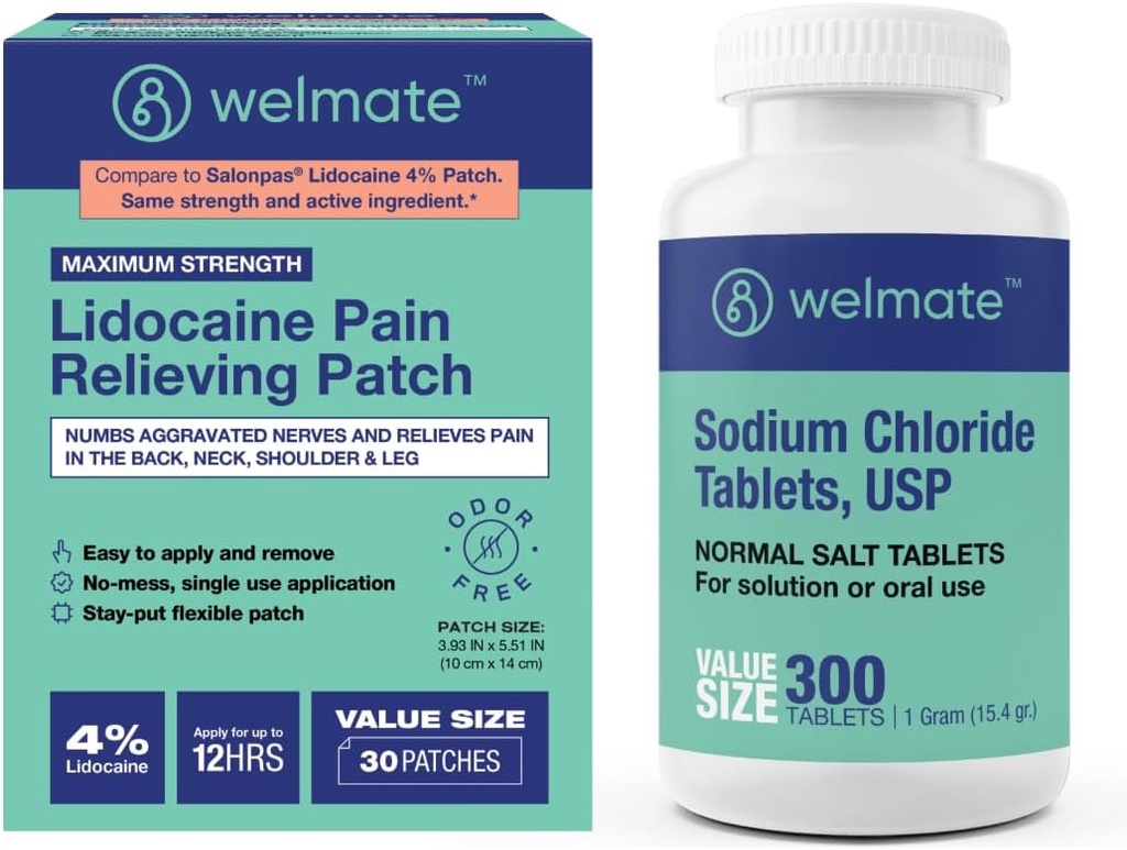 WELMATE Recovery Bundle: Natriumkloridetabletter, 300ct + 4% Lidocaine Numbing Patch 30 ct