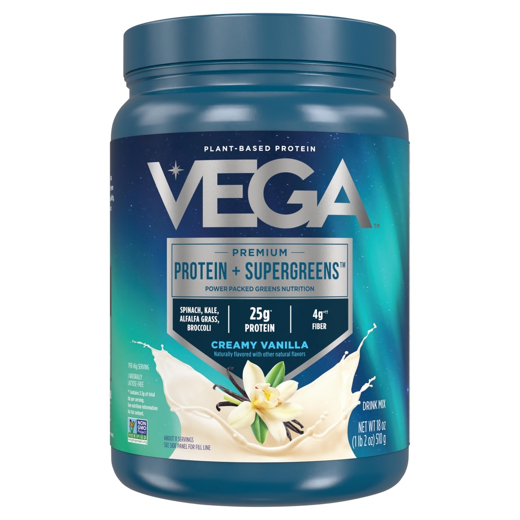 Vega Protein og Grønn Protein Powder Kremig Vanilla (11 Serveringer) 25g Plant Basert Protein Plus Veggies, Vegan, Ikke-GMO, Pea Protein for kvinner og menn, 1,2lbs
