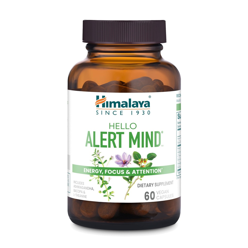 Himalaya Hello Alert Mind with L-theanine, Ashwagandha, Bacopa, vitamin B6 & B12, for energi, fokus og oppmerksomhet, Vegan, Glutenfri, 60 kapsler