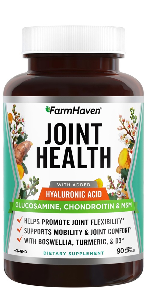FarmHaven Glukosamine Chondroitin MSM med Boswellia, Turmeric býin tilsatt hyaluronsyre og vitamin D3 | Fremmer felles og muskel helse og betent svar | Ikke-GMO & Glutenfri | 90 kapsler