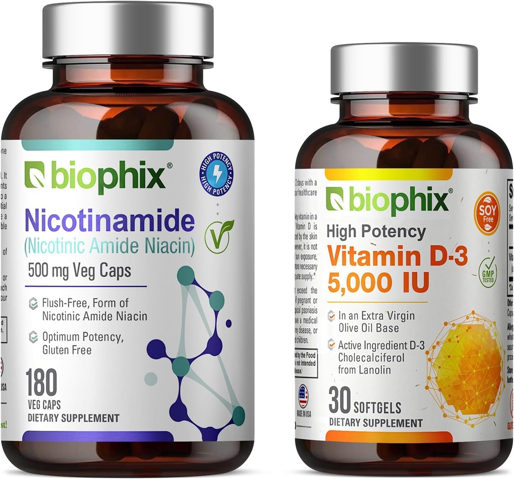 Biophix B-3 Nicotinamid 500 mg 180 Vcaps Plus Gratis vitamin D-3 5000 IU 30 Softgels - Nicotinic amid Niacin Natural Flush-fri vitamin formel - støtter huden celle helse