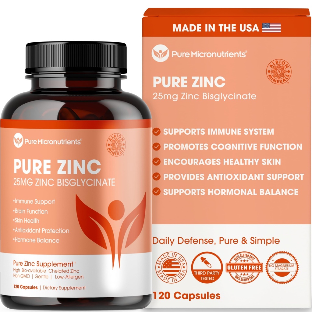 Pure Sink Supplement 25 mg - TRAACS Bisglycinate Chelate - 120 kapsler for immunstøtte, hud helse og energi - for menn og kvinner