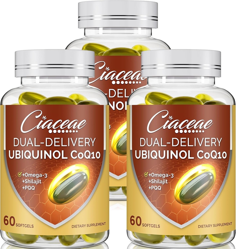 Ubiquinol CoQ10 600 MG Softgels med Omega-3 & Shilajit & PQQ, Advanced Dual-Delivery Coenzyme-Q10, Active CoQ10 Ubiquinol Supplement for fruktbarhet, Antioksidant, hjerte, hjerne og energi, 180 Serveringer