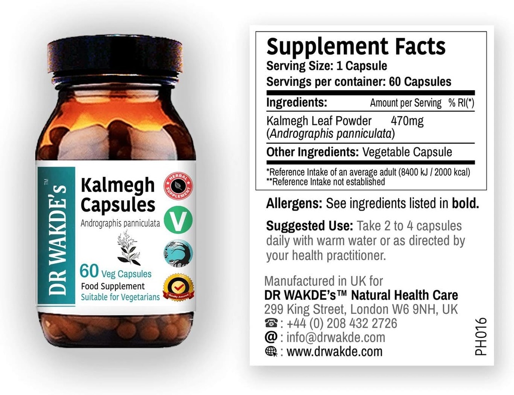 DR WAKDE'S Kalmegh Capsules (Andrographis panniculata, 60 Veg Caps, Plantebasert Supplement, Ayurvedic Herb, Alle naturlige, Vegan)
