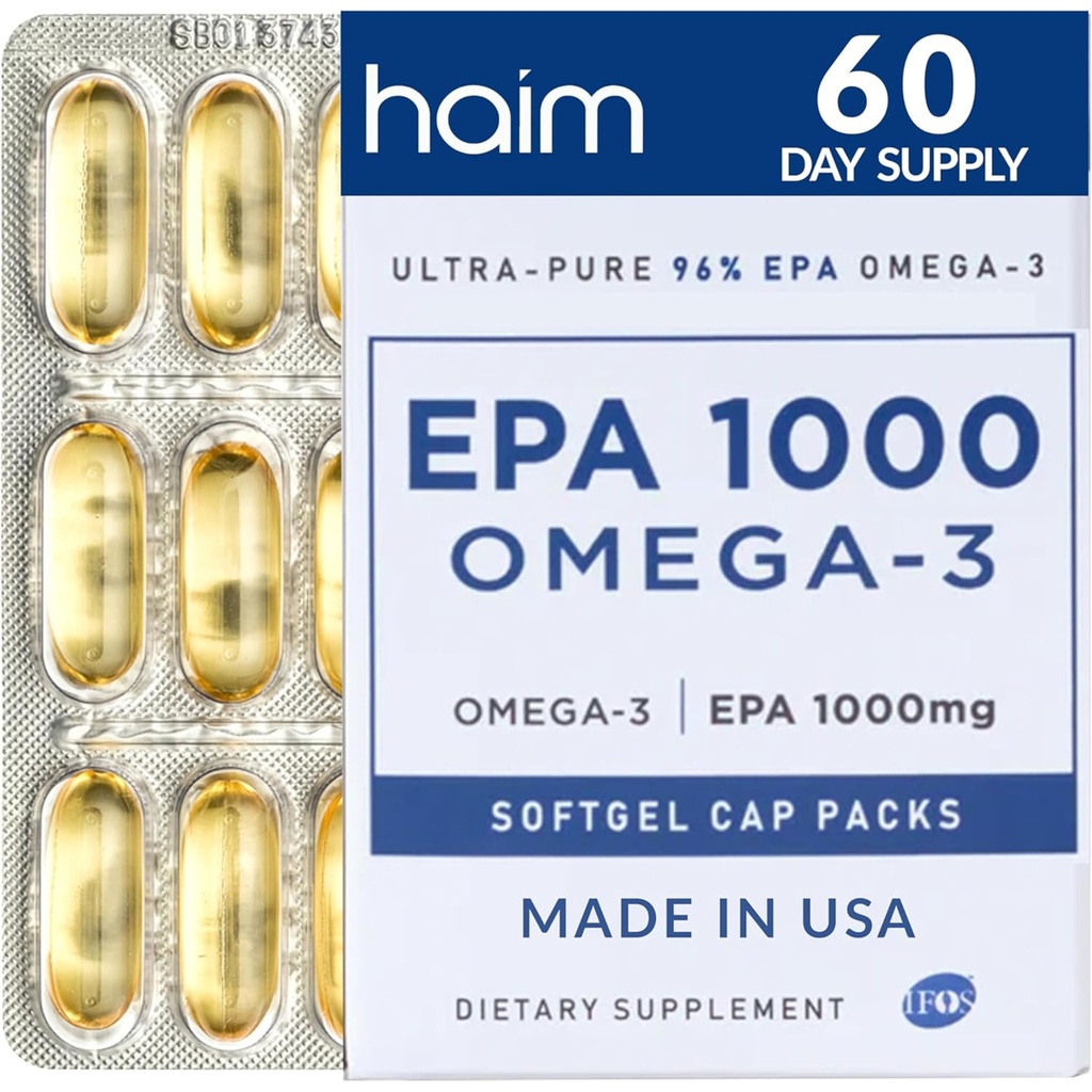 HAIM EPA1000 – Høy potens EPA Fish Oil Supplement – 1.100mg Omega-3 for hjerte, hjerne og felles helse – Farmasøytisk-Grade Softgels – Rene, Burpless Kapsler – 60 Softgels – laget i USA
