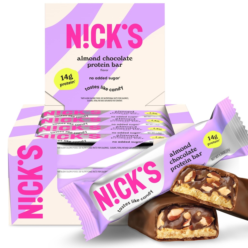 Nick's Protein Bars Sjokolade | Høy protein | Lavkalorier | Lav karbohydrat keto vennlige snacks Ingen tilsatt sukker (Multipack 12 bars x 50g) (12 greve (pakke med 1), Almond sjokolade)