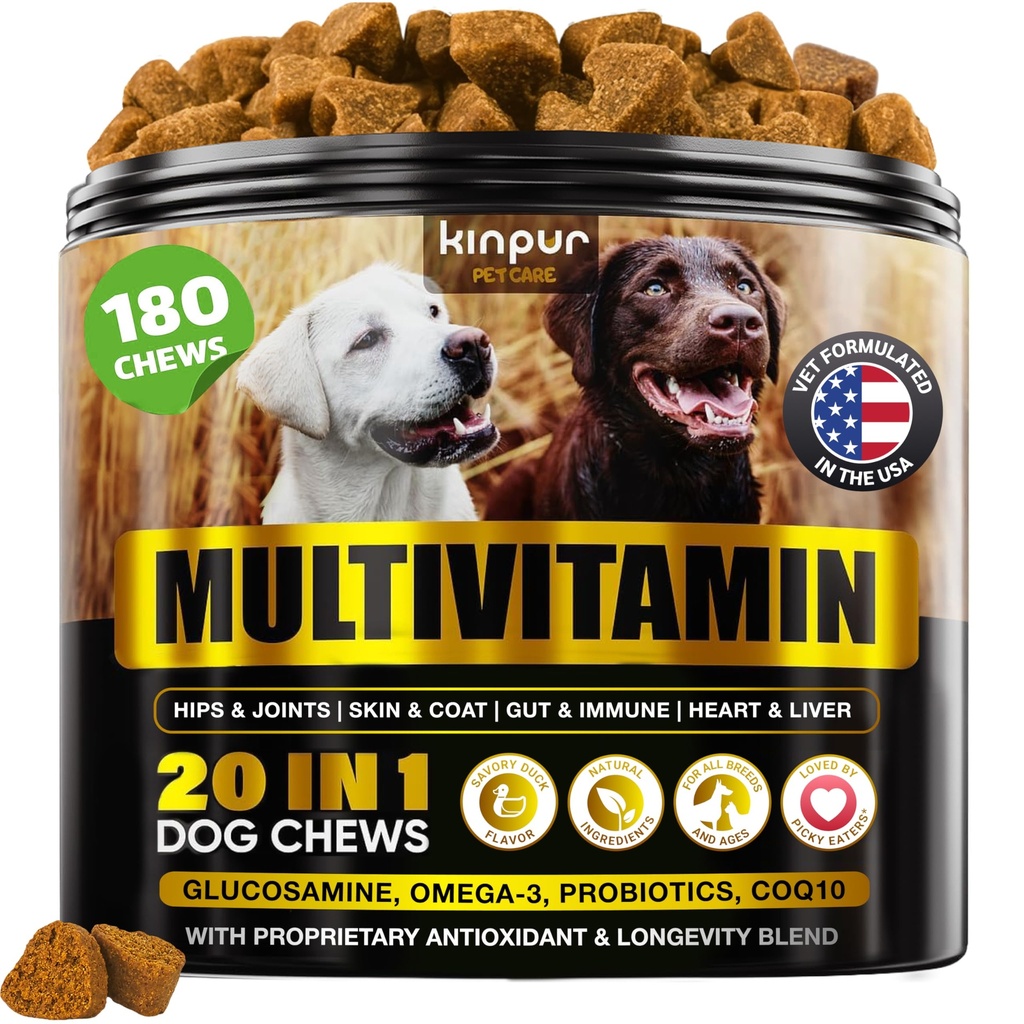 20-i-1 Hunde Multivitamin Supplements - Immunitet, Digestion, Felles og hjerte helse støtte - Naturlige hund vitaminer med Biotin, Msm, Cranberry, Glukosamin for hunder - 180 Chews