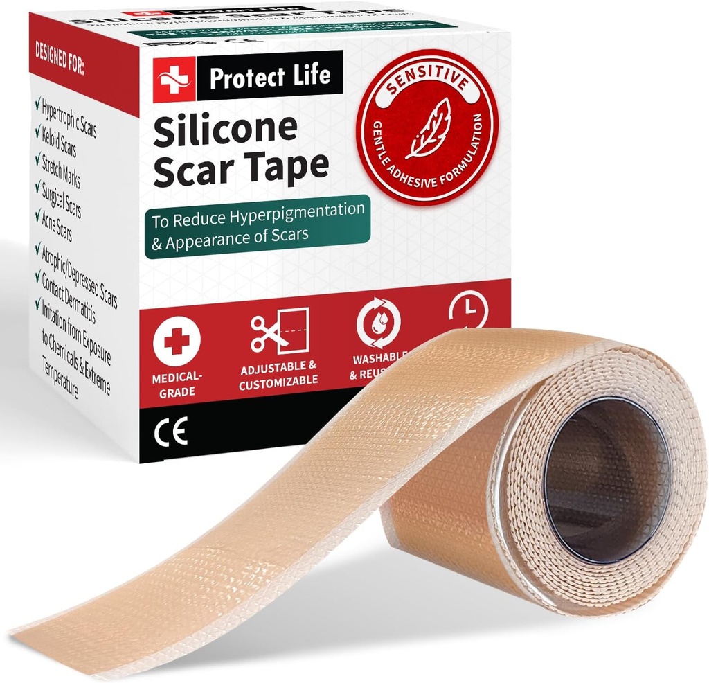 Beskytte Life Silikon Scar Sheets 1.6" x 118" Roll-3M - Medisinsk Grade Scar Tape for Keloid Bump fjerning - Reusable Silikon Tape Scar Removal Strips, Patches for kirurgiske arr, C Seksjon