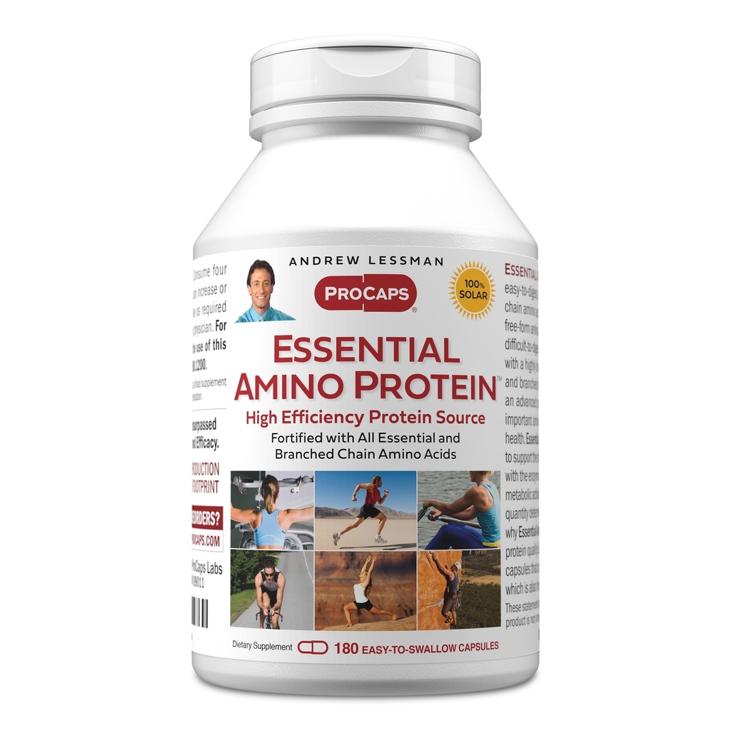 ANDREW LESSMAN Essential Amino Protein 180 kapsler - En svært biotilgjengelig proteinkilde med essensielle og grened kjede Aminosyrer. Støtter struktur og funksjon av viktige organer og problemer.