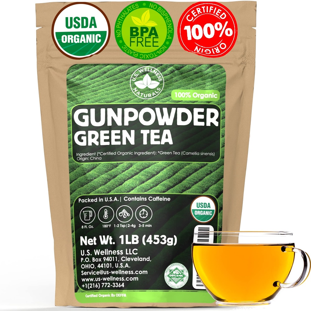 U.S. Wellness Naturals Organic Gun Pudding Grønn Te | Loose Leaf | Premium kvalitet | 100% sertifisert organisk grønn te |16oz/453g | 200+ Cups
