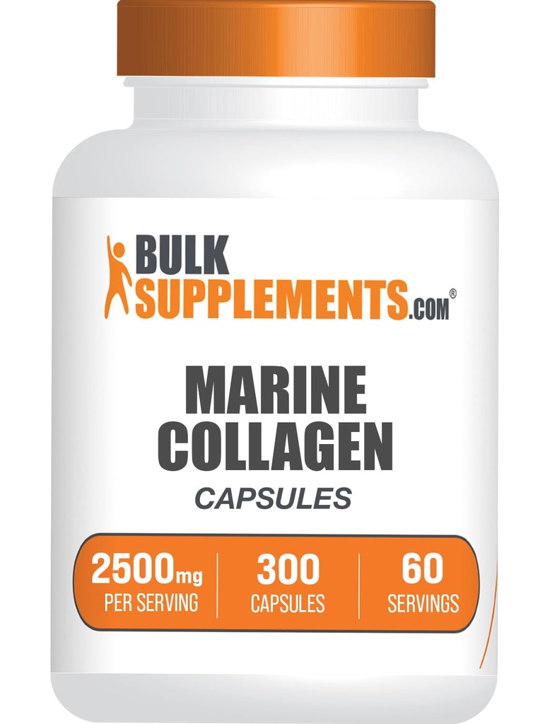 BulkSupplements.com Marine Collage Capsules - Fish Collage Supplement, Kollagen for kvinner og menn - Hydrolysert kollagen, Glutenfri, 5 Kapsler per servering, 300 Kapsler (pakke av 1)