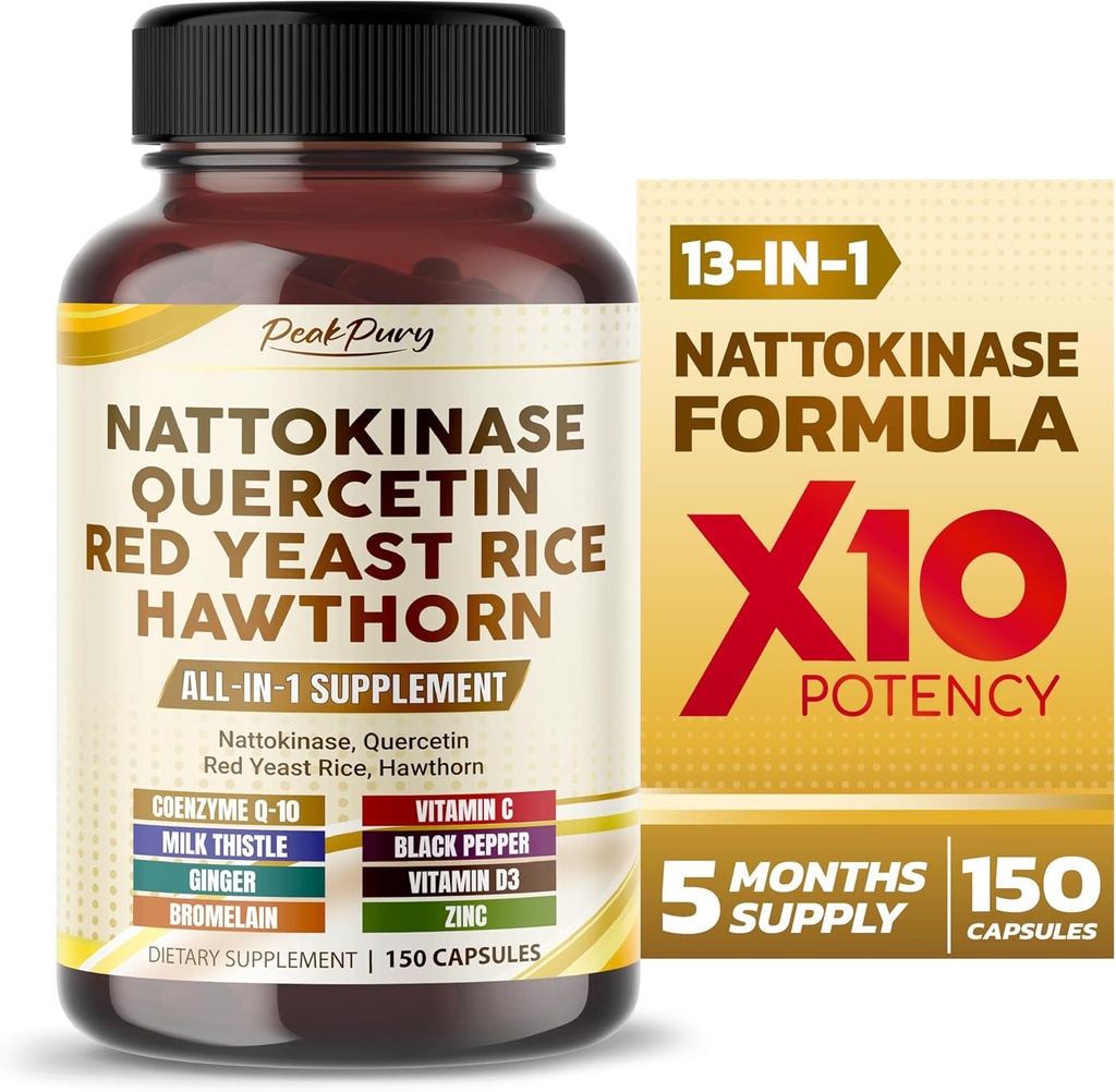 Nattokinase 5000FU Quercetin Red Yeast Rice Hawthorn - Total velværestøtte - Laget i USA