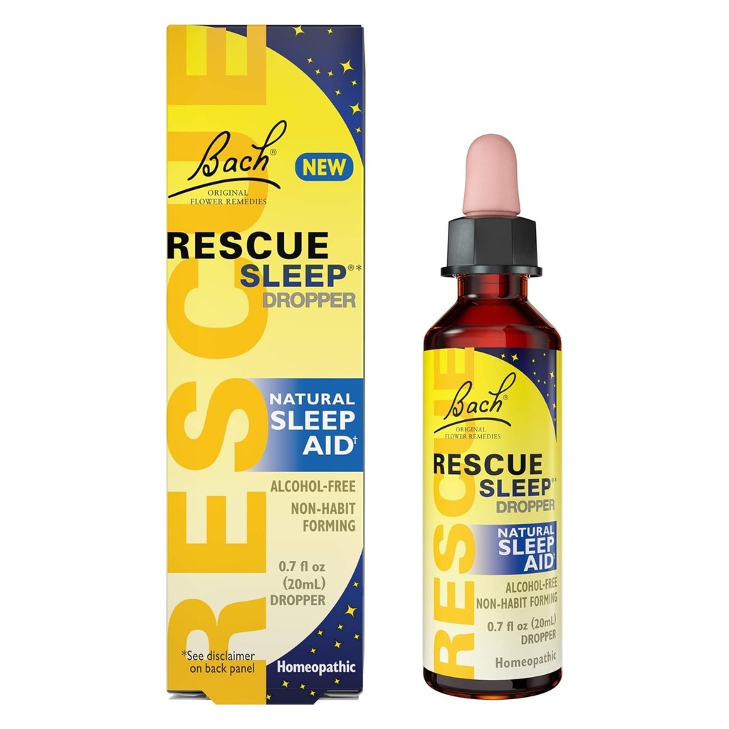 Bach RESCUE SLEEP Dropper 20ml, Naturlig søvnhjelp, Homeopatisk Blomster Essens, Gratis Melatonin, Sukker, & Gluten, Familievennlig, Ikke-alkohol formel