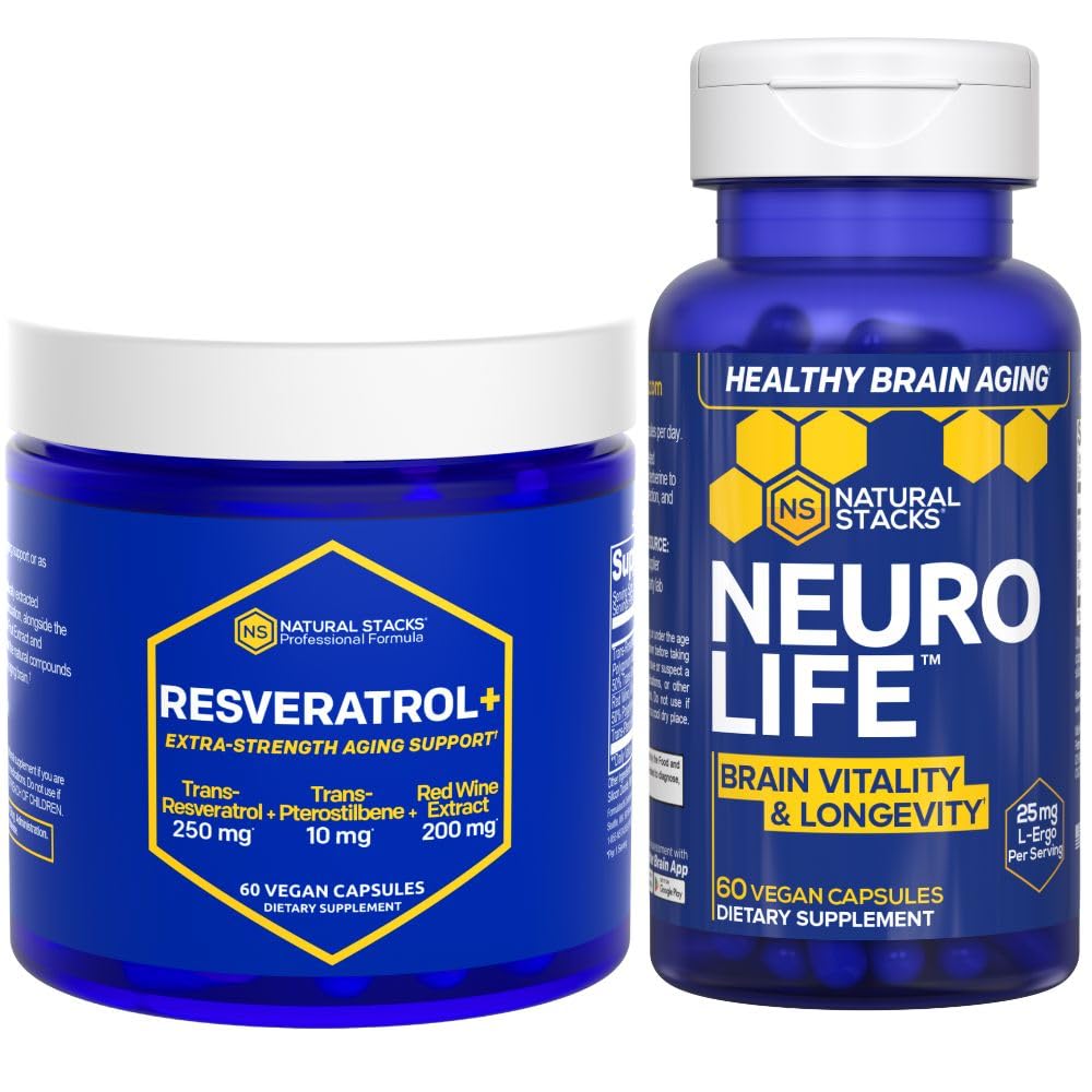 NATURAL STACKS NeuroLife & Resveratrol Supplement Bundle - Støtter langsomhet og hjerne aldring* - 120 Totale kapsler