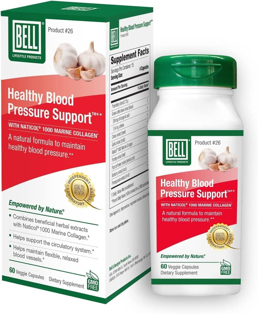 Bell Sunn Blood Pressure SupportTM unik blanding - naturlig blanding av grønn kaffebønne ekstrakt, hvitløk og selfrø ekstrakt kosttilskudd - 60 kapsler, vegansk, ikke-GMO