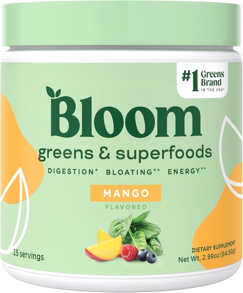Bloom Nutrition Superfood Grønn Powder, Digestive Enzymes m/Probiotika og Prebiotika, Gut helse, Bloating Relief for kvinner, Klorella, 15 SVG (15 Serveringer (Pack of 1), Mango)