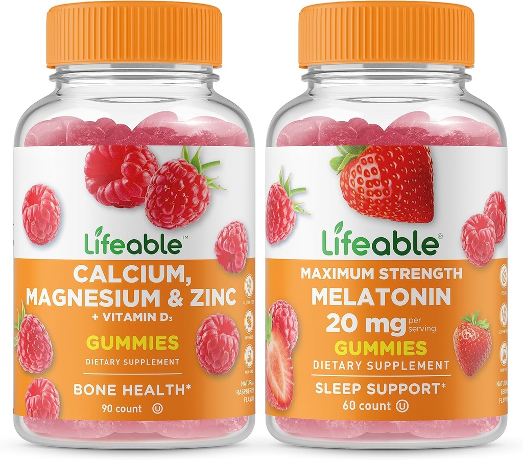 Livbart kalsium, magnesium, sink og vitamin D + Melatonin 20mg, gummier bundle - Great Tasting, Vitamin Supplement, Glutenfri, GMO Gratis, Chewable Gummy