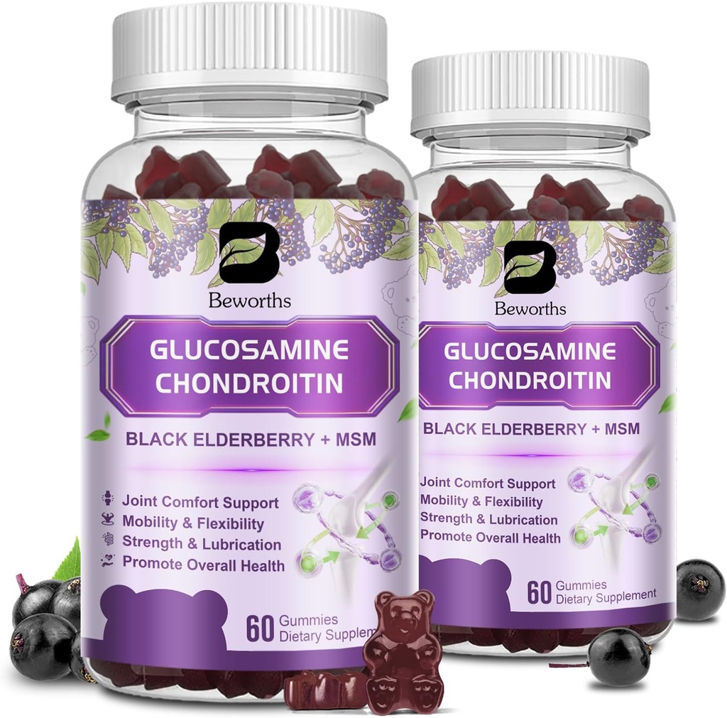 (2 Pakke) Glukosamine Chondroitin Gummies, Extra styrke felles støtte Supplement med MSM & Elderberry for mobilitet og fleksibilitet, Antioksidant støtte for menn og kvinner, 120 Gummies