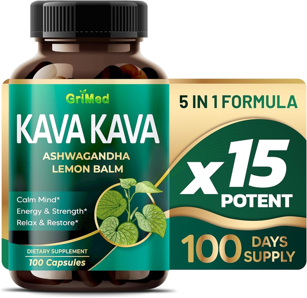 GriMed Kava Kava 19.700mg - X 15 Strøm med Ashwagandha Lemon Balm - Styrke, slappe av, gjenopprette, rolig - Laget i USA (100 Count)